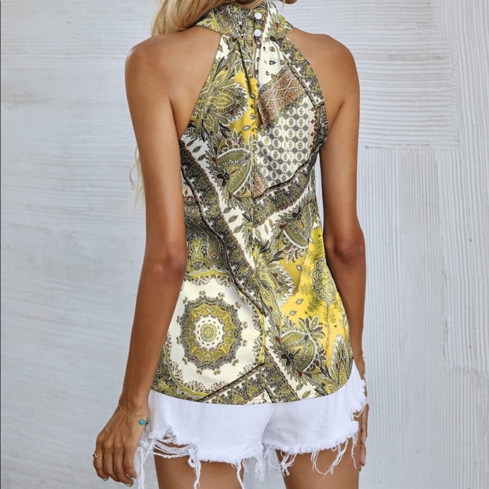 Boho Paisley Floral Print Satin Halter Tank Top Mint - Picture 7 of 14